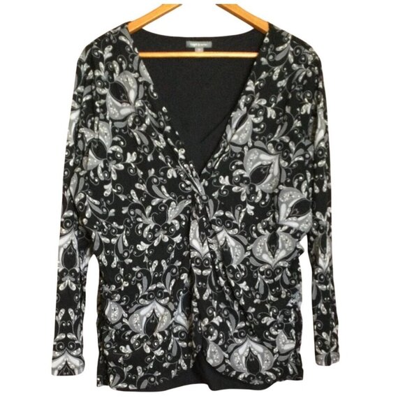 Womens 3X Black Gray Paisley Long-Sleeve Babydoll Top Blouse Twist Front - Picture 1 of 9